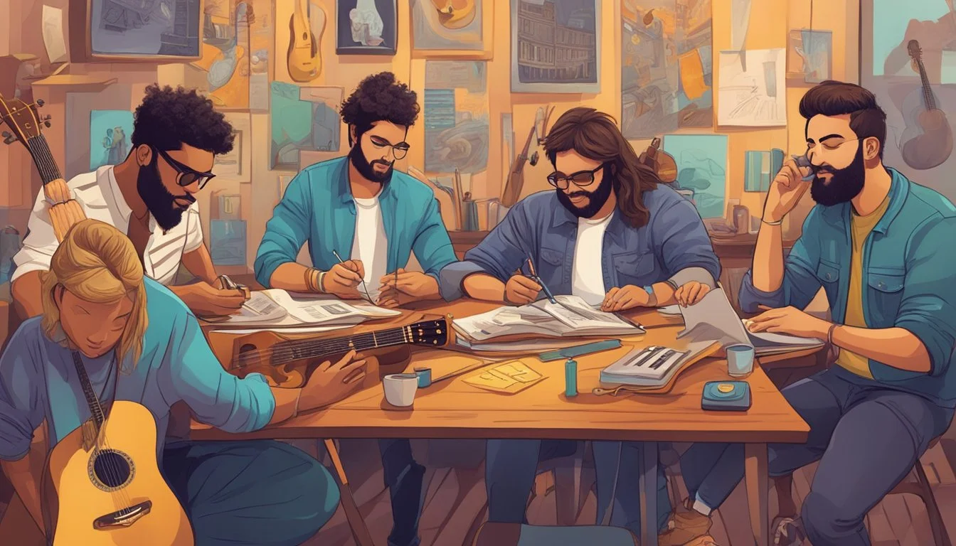 A group of musicians are gathered around a table, brainstorming and writing catchy advertisements for a musician search. The room is filled with creative energy and musical instruments